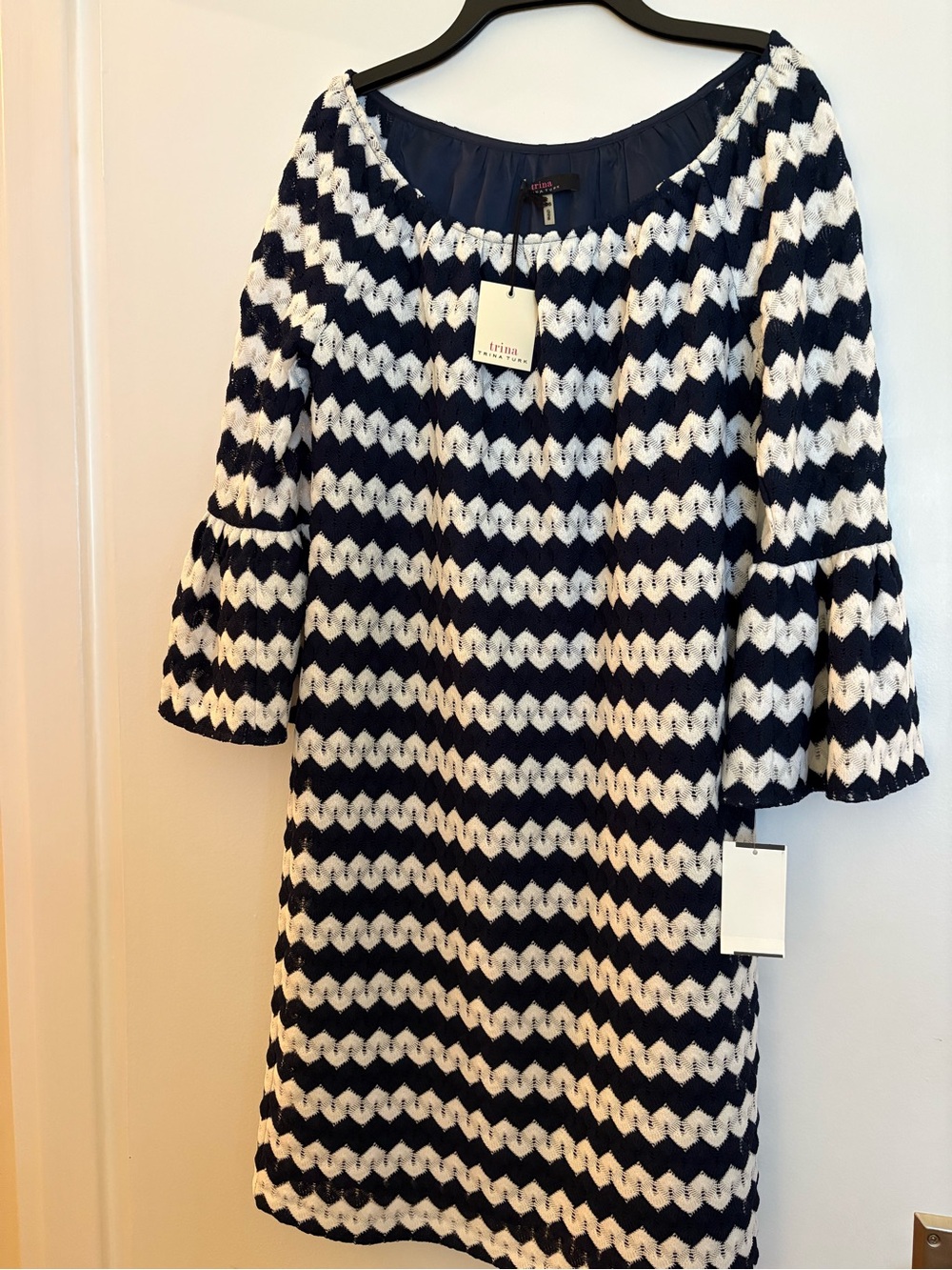 Trina Turk Navy and White Chevron Knit Dress